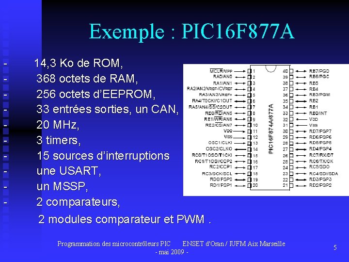 Exemple : PIC 16 F 877 A - 14, 3 Ko de ROM, -