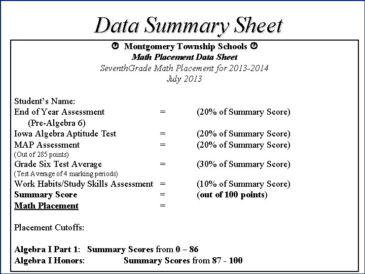 Data Summary Sheet Montgomery Township Schools Math Placement Data Sheet Seventh. Grade Math Placement