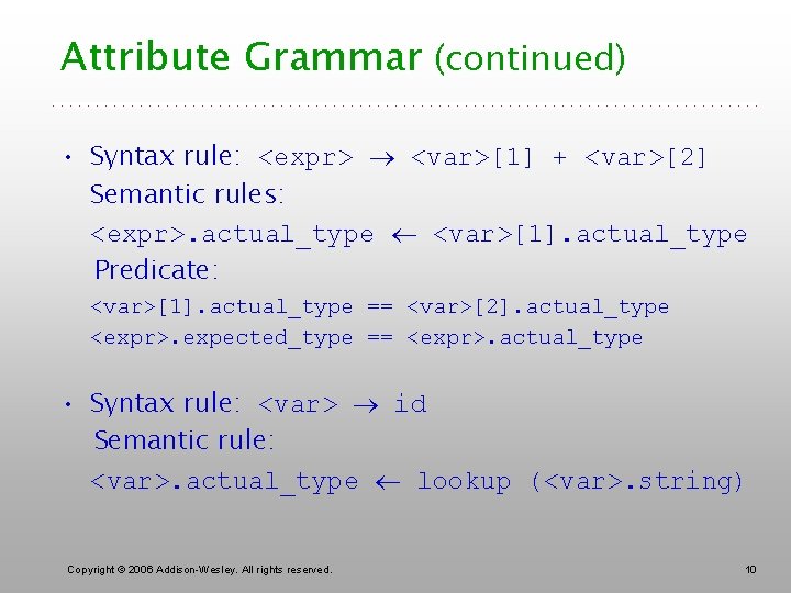Attribute Grammar (continued) • Syntax rule: <expr> <var>[1] + <var>[2] Semantic rules: <expr>. actual_type