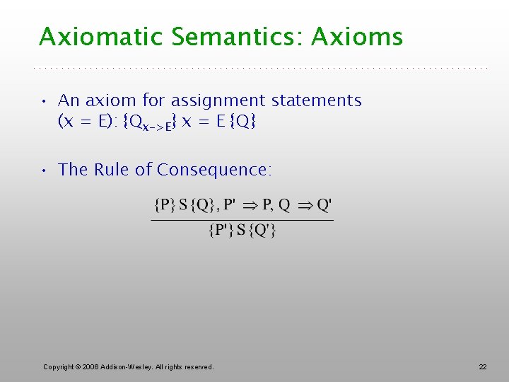 Axiomatic Semantics: Axioms • An axiom for assignment statements (x = E): {Qx->E} x