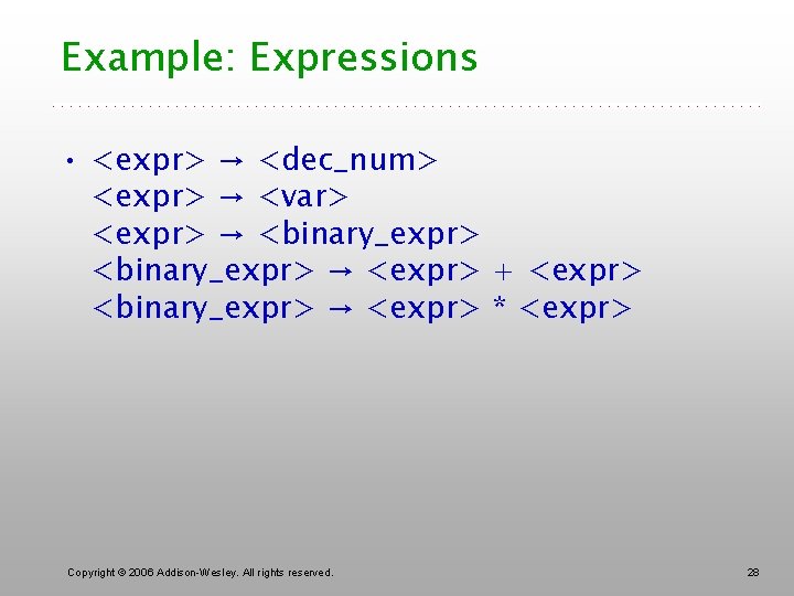 Example: Expressions • <expr> → <dec_num> <expr> → <var> <expr> → <binary_expr> → <expr>