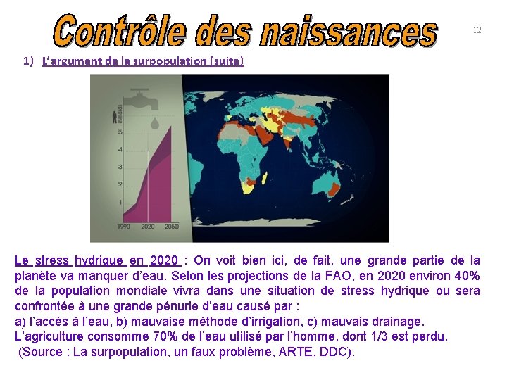 12 1) L’argument de la surpopulation (suite) Le stress hydrique en 2020 : On