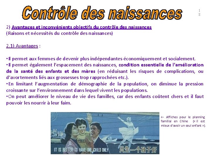 1 8 2) Avantages et inconvénients objectifs du contrôle des naissances (Raisons et nécessités