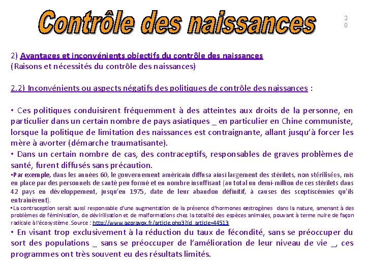 2 0 2) Avantages et inconvénients objectifs du contrôle des naissances (Raisons et nécessités