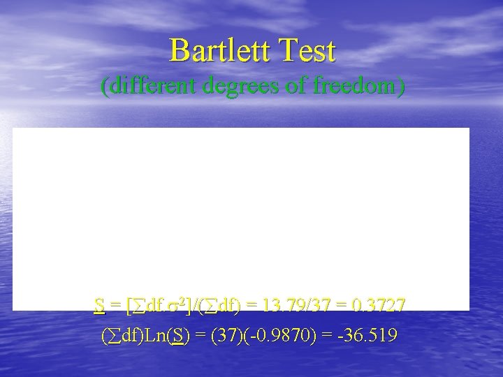 Bartlett Test (different degrees of freedom) S = [ df. 2]/( df) = 13.
