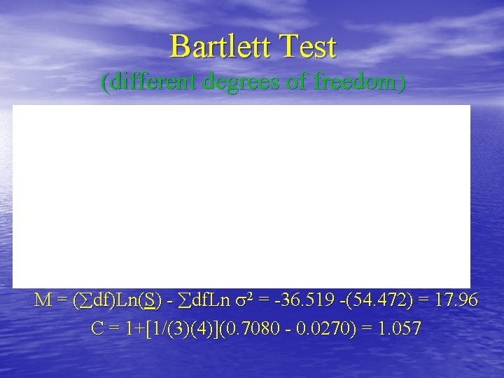 Bartlett Test (different degrees of freedom) M = ( df)Ln(S) - df. Ln 2