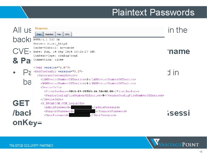 Plaintext Passwords All username and passwords usually found in the backup settings file! CVE-2014 Plaintext Passwords All username and passwords usually found in the backup settings file! CVE-2014