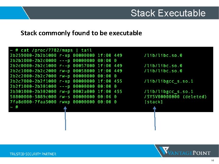 Stack Executable Stack commonly found to be executable 16 Stack Executable Stack commonly found to be executable 16