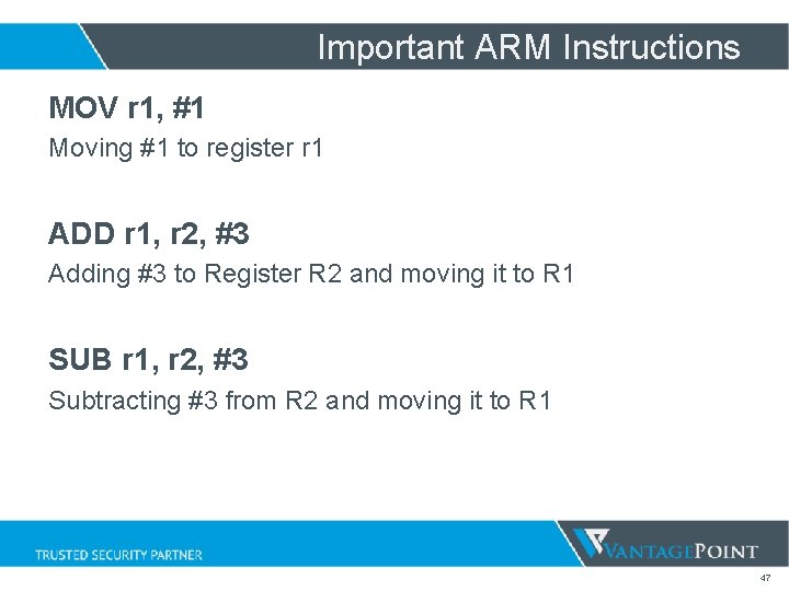 Important ARM Instructions MOV r 1, #1 Moving #1 to register r 1 ADD Important ARM Instructions MOV r 1, #1 Moving #1 to register r 1 ADD