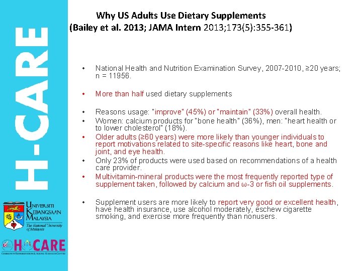 Why US Adults Use Dietary Supplements (Bailey et al. 2013; JAMA Intern 2013; 173(5):