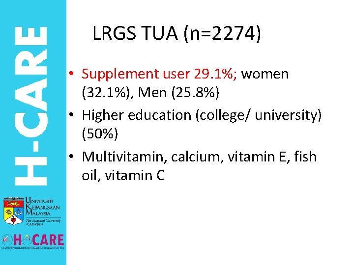 LRGS TUA (n=2274) • Supplement user 29. 1%; women (32. 1%), Men (25. 8%)