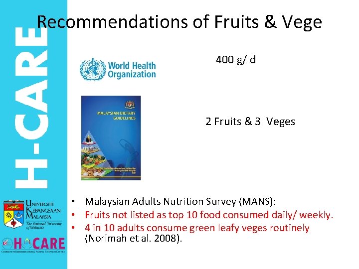 Recommendations of Fruits & Vege 400 g/ d 2 Fruits & 3 Veges •