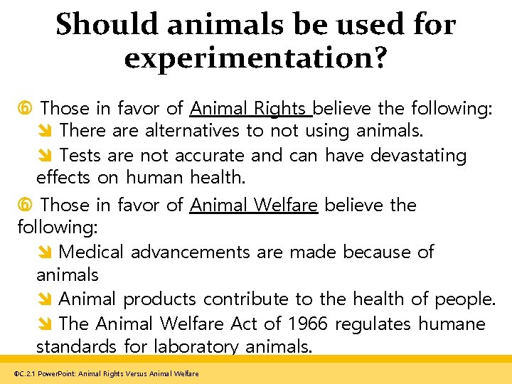 Should animals be used for experimentation? Those in favor of Animal Rights believe the