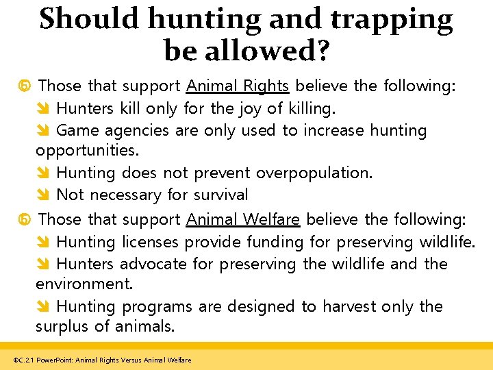 Should hunting and trapping be allowed? Those that support Animal Rights believe the following: