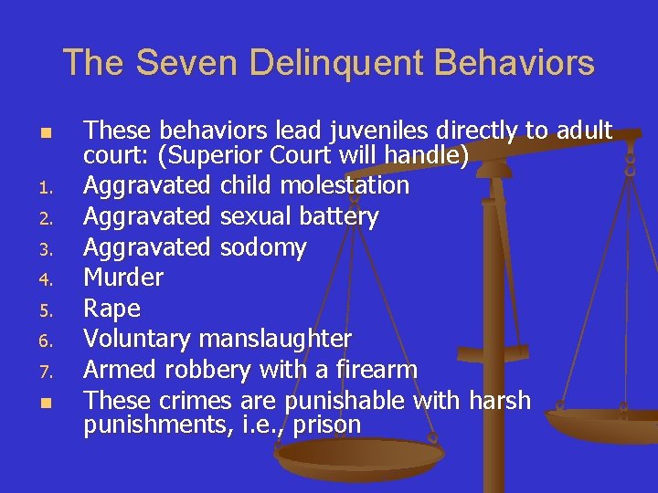 The Seven Delinquent Behaviors n 1. 2. 3. 4. 5. 6. 7. n These