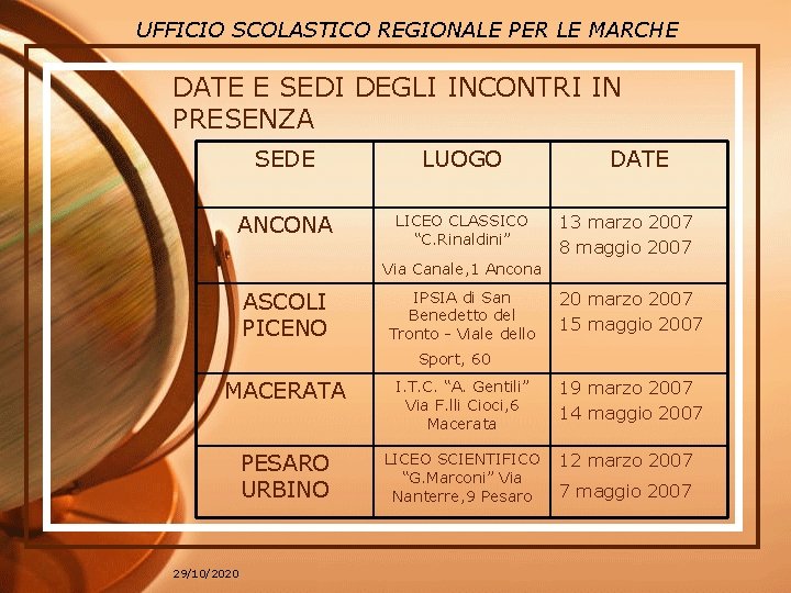 UFFICIO SCOLASTICO REGIONALE PER LE MARCHE DATE E SEDI DEGLI INCONTRI IN PRESENZA SEDE UFFICIO SCOLASTICO REGIONALE PER LE MARCHE DATE E SEDI DEGLI INCONTRI IN PRESENZA SEDE