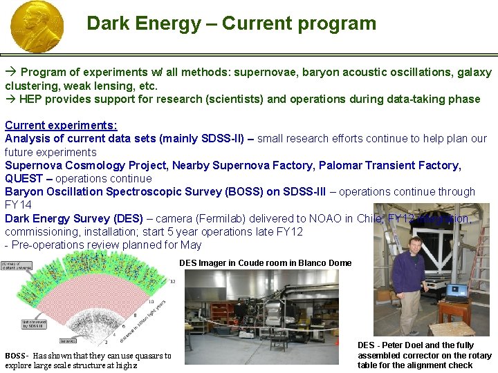 Dark Energy – Current program Program of experiments w/ all methods: supernovae, baryon acoustic