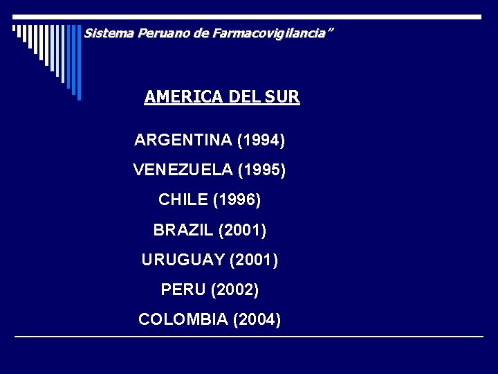 Sistema Peruano de Farmacovigilancia” AMERICA DEL SUR ARGENTINA (1994) VENEZUELA (1995) CHILE (1996) BRAZIL