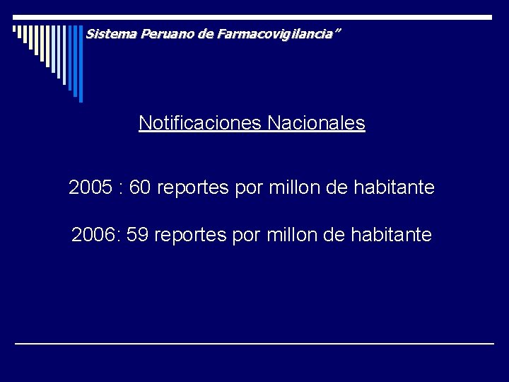 Sistema Peruano de Farmacovigilancia” Notificaciones Nacionales 2005 : 60 reportes por millon de habitante