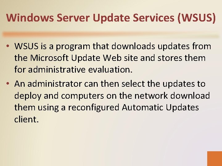 Windows Server Update Services (WSUS) • WSUS is a program that downloads updates from