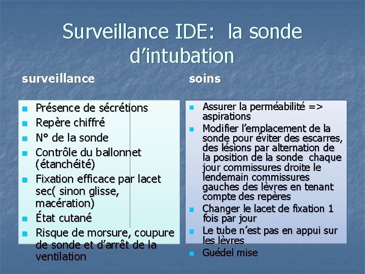 Surveillance IDE: la sonde d’intubation surveillance n n n n Présence de sécrétions Repère