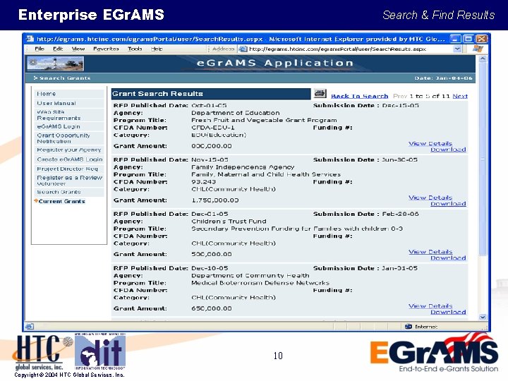 Enterprise EGr. AMS Search & Find Results 10 Copyright © 2004 HTC Global Services,