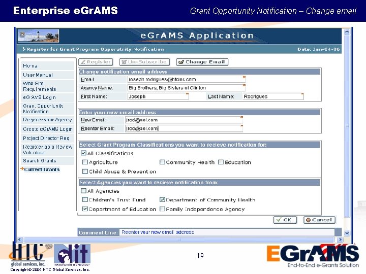 Enterprise e. Gr. AMS Grant Opportunity Notification – Change email 19 Copyright © 2004
