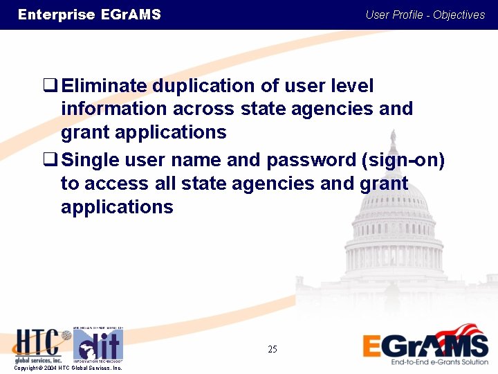 Enterprise EGr. AMS User Profile - Objectives q Eliminate duplication of user level information