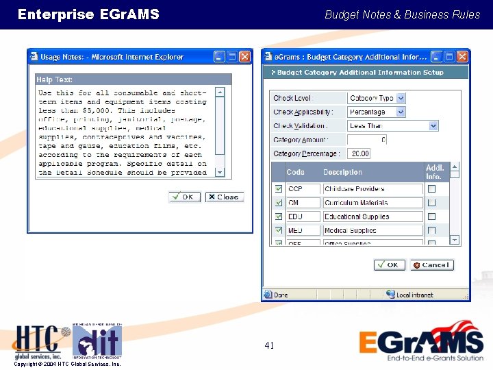 Enterprise EGr. AMS Budget Notes & Business Rules 41 Copyright © 2004 HTC Global