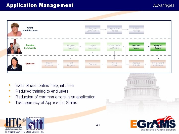 Application Management • • Advantages Ease of use, online help, intuitive Reduced training to