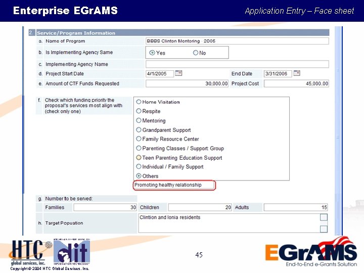 Enterprise EGr. AMS Application Entry – Face sheet 45 Copyright © 2004 HTC Global