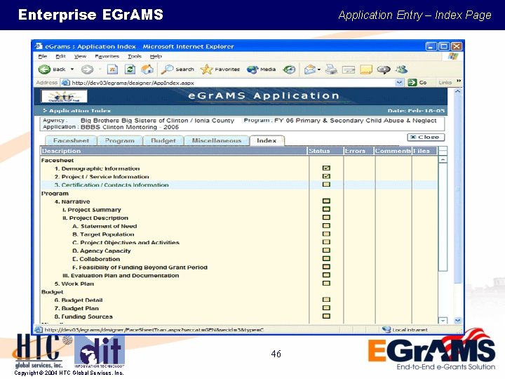 Enterprise EGr. AMS Application Entry – Index Page 46 Copyright © 2004 HTC Global