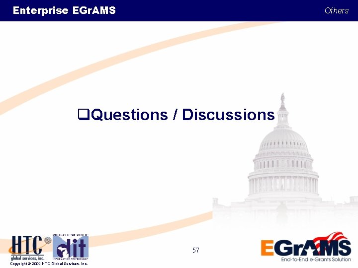 Enterprise EGr. AMS Others q. Questions / Discussions 57 Copyright © 2004 HTC Global