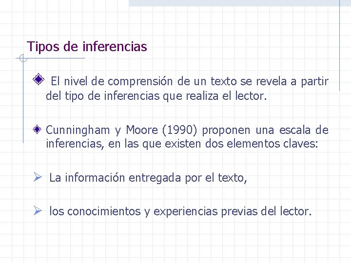 Tipos de inferencias El nivel de comprensión de un texto se revela a partir Tipos de inferencias El nivel de comprensión de un texto se revela a partir