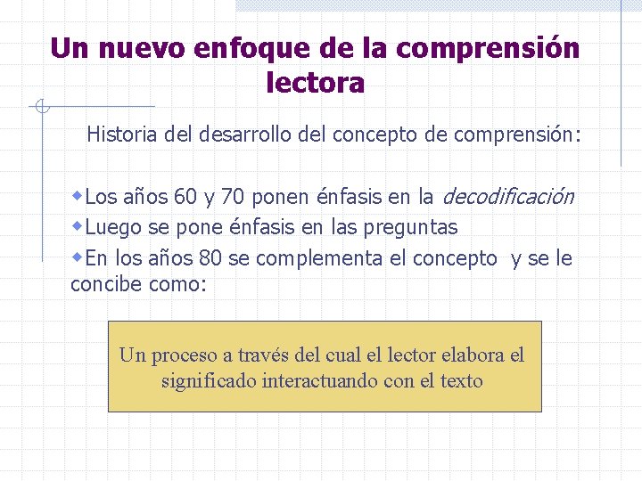 Un nuevo enfoque de la comprensión lectora Historia del desarrollo del concepto de comprensión: Un nuevo enfoque de la comprensión lectora Historia del desarrollo del concepto de comprensión: