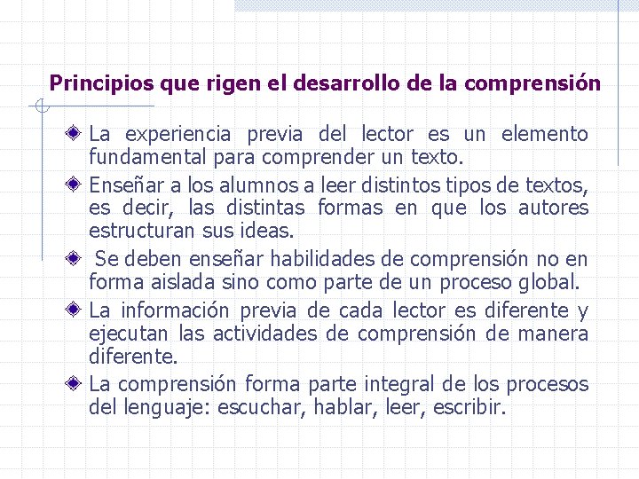 Principios que rigen el desarrollo de la comprensión La experiencia previa del lector es Principios que rigen el desarrollo de la comprensión La experiencia previa del lector es
