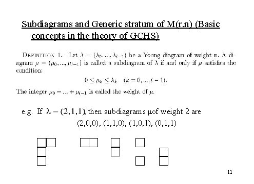 Subdiagrams and Generic stratum of M(r, n) (Basic concepts in theory of GCHS) e.