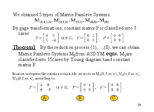 We obtained 5 types of Matrix Painleve Systems: By gage transformations, constant matrix P
