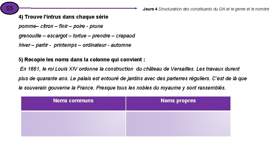 S 5 Jours 4 Structuration des constituants du GN et le genre et le