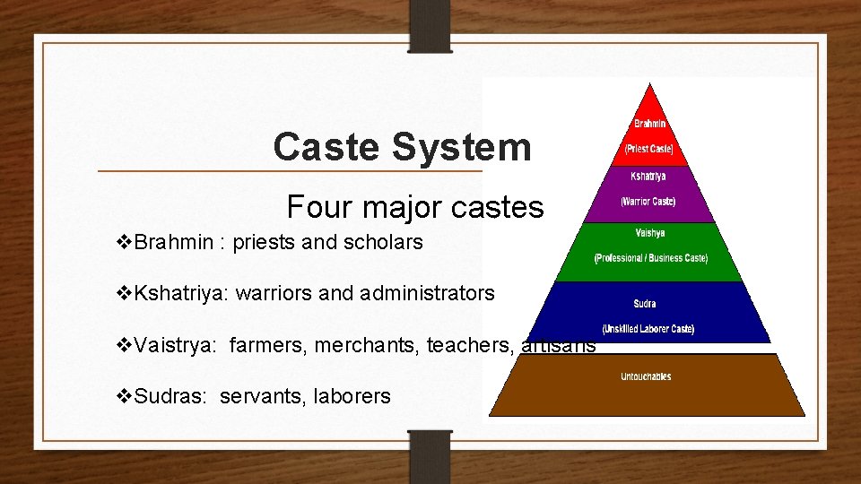 Caste System Four major castes v. Brahmin : priests and scholars v. Kshatriya: warriors