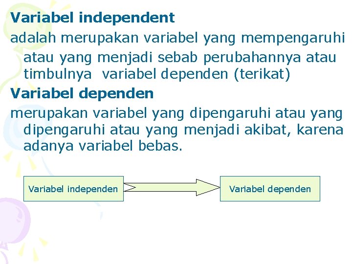 Variabel independent adalah merupakan variabel yang mempengaruhi atau yang menjadi sebab perubahannya atau timbulnya