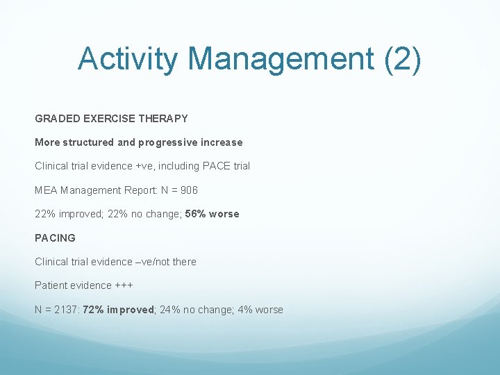 Activity Management (2) GRADED EXERCISE THERAPY More structured and progressive increase Clinical trial evidence