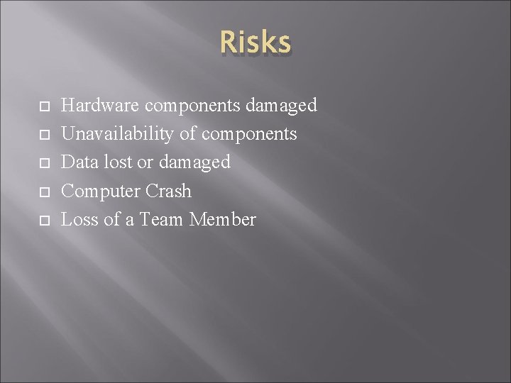 Risks Hardware components damaged Unavailability of components Data lost or damaged Computer Crash Loss Risks Hardware components damaged Unavailability of components Data lost or damaged Computer Crash Loss