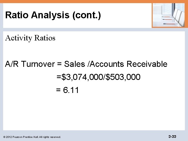 Ratio Analysis (cont. ) Activity Ratios A/R Turnover = Sales /Accounts Receivable =$3, 074,