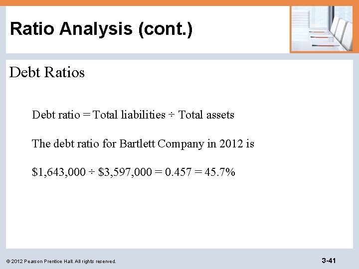 Ratio Analysis (cont. ) Debt Ratios Debt ratio = Total liabilities ÷ Total assets