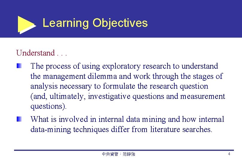 Learning Objectives Understand. . . The process of using exploratory research to understand the