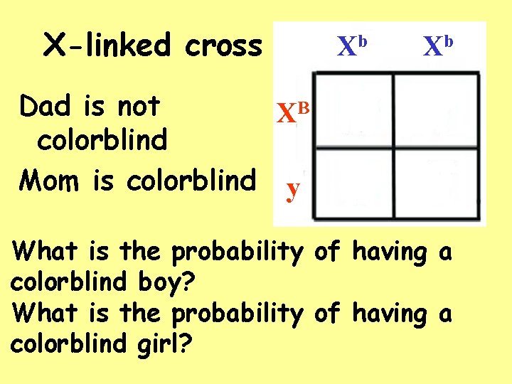 X-linked cross Xb Xb Dad is not XB colorblind Mom is colorblind y What