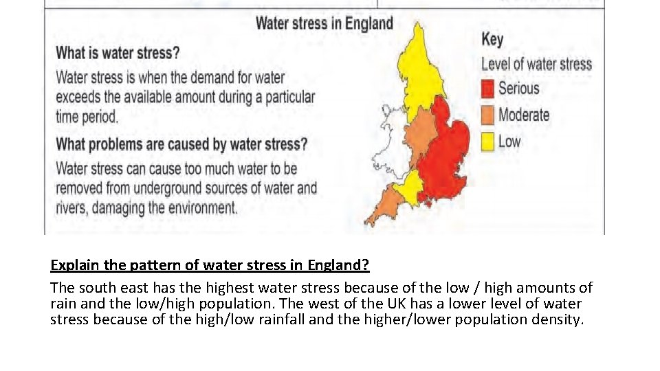 Explain the pattern of water stress in England? The south east has the highest