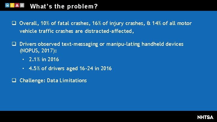 What’s the problem? q Overall, 10% of fatal crashes, 16% of injury crashes, &