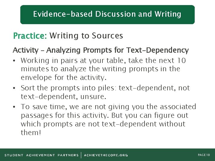 Evidence-based Discussion and Writing Practice: Writing to Sources Activity – Analyzing Prompts for Text-Dependency